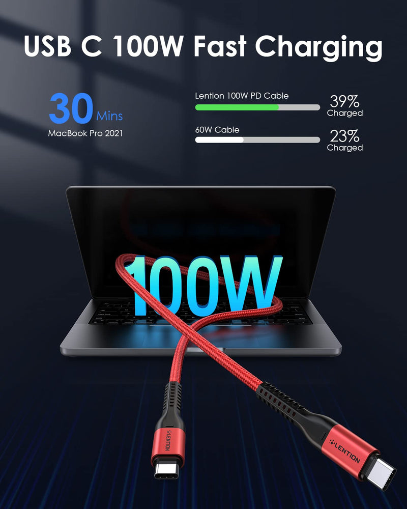  [AUSTRALIA] - LENTION USB C to USB C Cable 6.6ft 100W, Type C 20V/5A Fast Charging Braided Cord Compatible New MacBook Pro/Air, iPad Pro/Air/Mini, Surface, Samsung Galaxy S21/S20/S10/S9/Note, Switch, and More(Red) Red