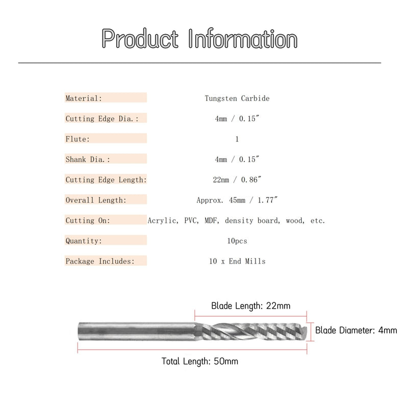  [AUSTRALIA] - End mill, milling cutter 4 mm shank, 10 pieces of carbide spiral end milling cutter, single flute CNC, for cutting acrylic, PVC, wood and many other soft materials