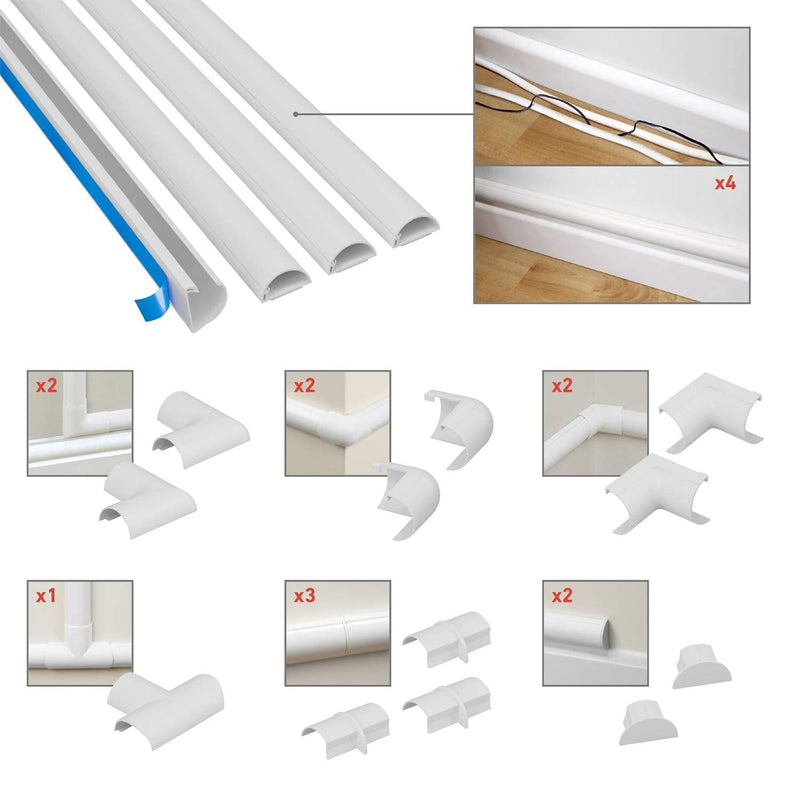  [AUSTRALIA] - D-Line 13.12ft White Cord Cover Kit, Half Round Cable Raceway, Paintable Self-Adhesive Cord Hider, TV Wire Hider, Cable Management - 4X 1.18 (W) x 0.59" (H) x 39" Lengths & 12 Accessories Medium (Mini)
