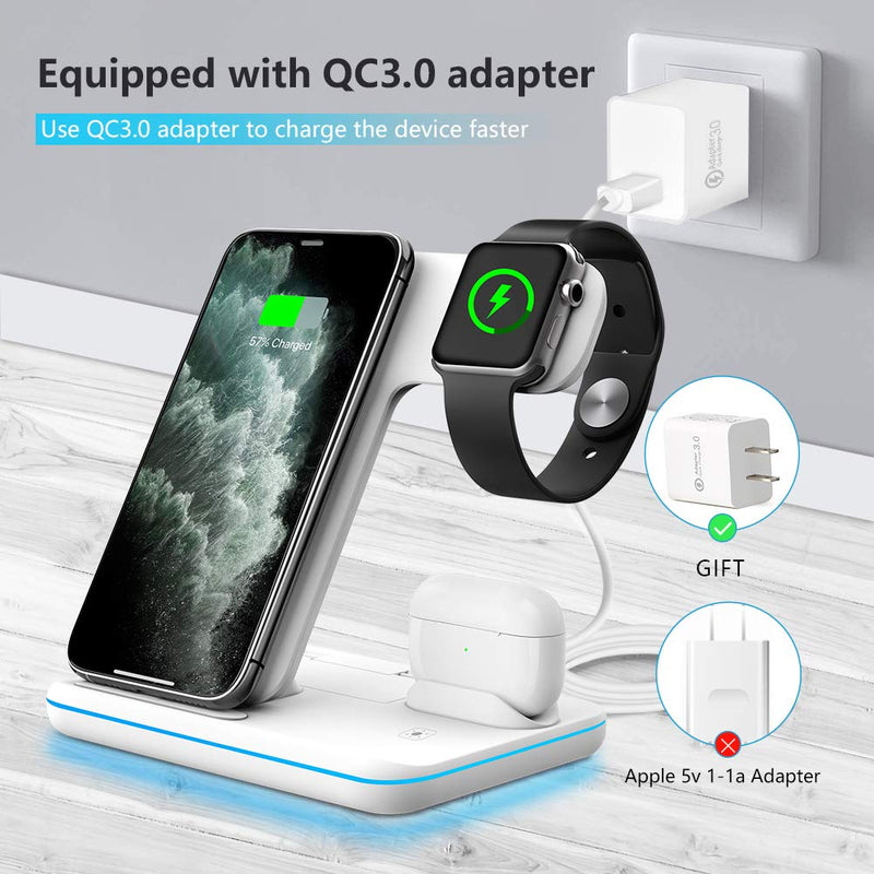  [AUSTRALIA] - WAITIEE Wireless Charger 3 in 1, 15W Fast Charging Station for Apple iWatch SE/6/5/4/3/2/1,AirPods Pro, Compatible with iPhone 13/12/12 Pro Max/11 Series/XS Max/XR/XS/X/8/8 Plus/Samsung Galaxy (White) White
