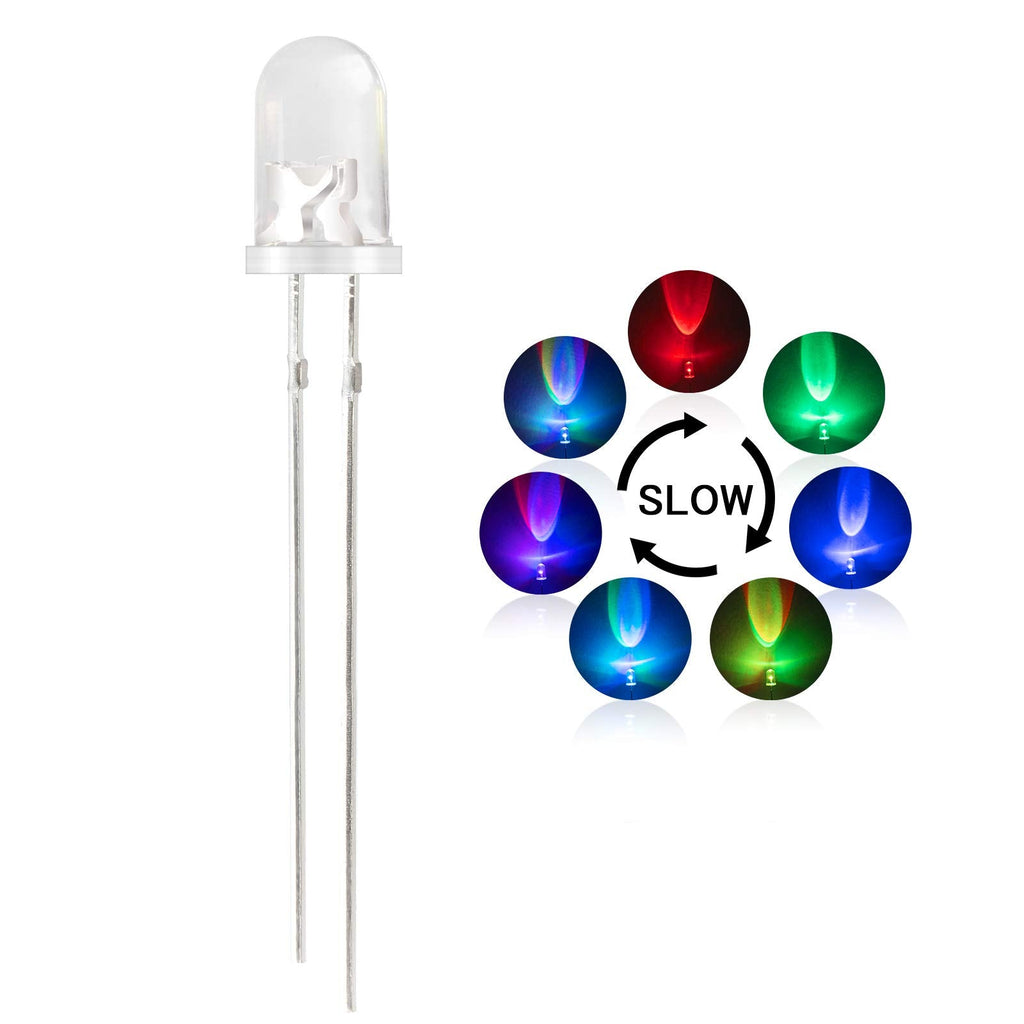  [AUSTRALIA] - DiCUNO 100pcs 5mm RGB Multicolor Slow Flashing LED Diode, Multi-Color Blinking Changing Light Emitting Diodes, 2 Pins Clear Round Lens Diffused Flicker Electronic Components Circuit Lights Kit Slow Flash