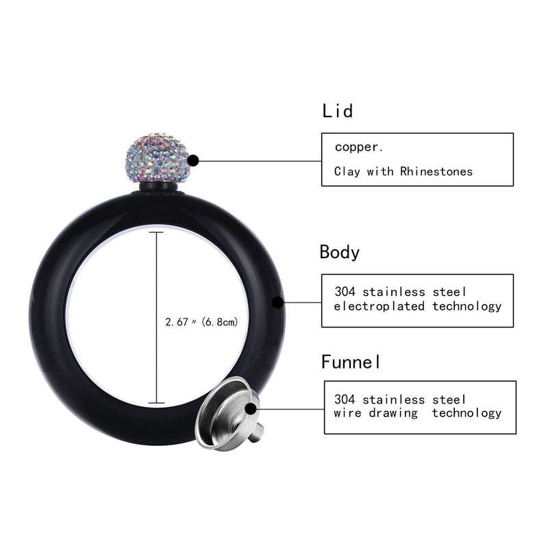  [AUSTRALIA] - Hillside-Kit Bracelet Bangle Flask Handmade Crystal Lid Creative 304 Stainless Steel Wine Flask Gift For Women Girls Men Party Flask Hidden Liquor Flask Bracelet Funnel Set 3.5oz Black