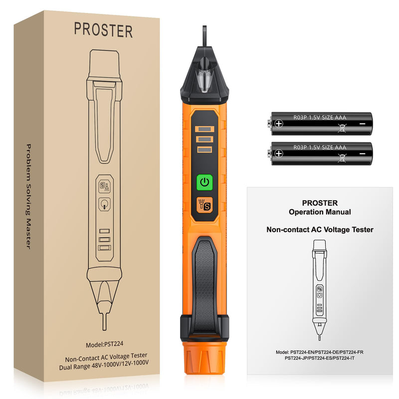  [AUSTRALIA] - Proster Non-Contact Voltage Tester with Dual Range 12-1000V/48-1000V Adjustable Sensitivity AC Voltage Tester Pen & LED Flashlight