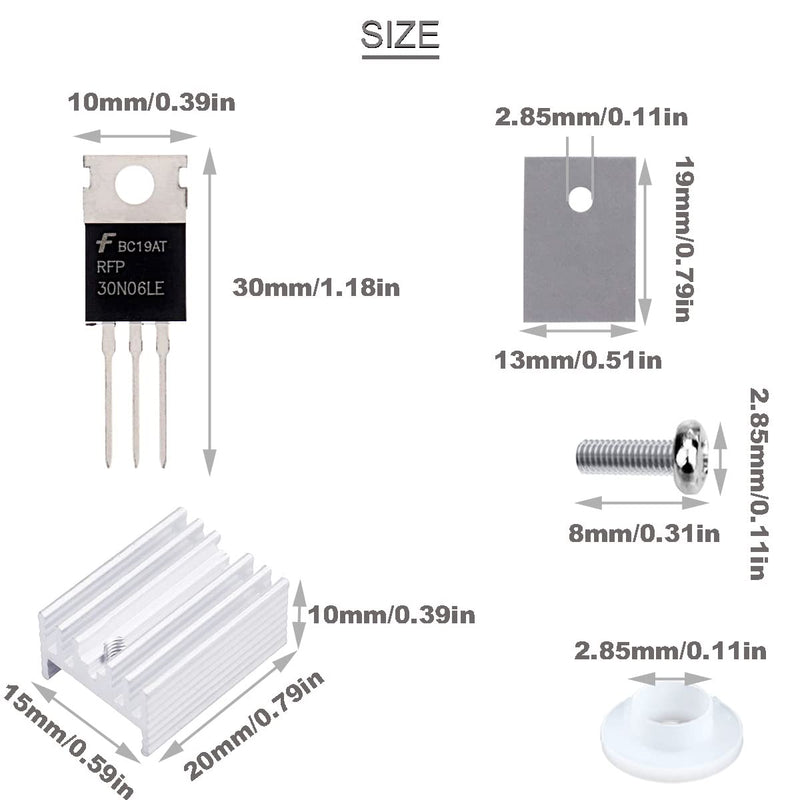  [AUSTRALIA] - Youmile 20pcs RFP30N06LE Mosfet Transistor 30A 60V N-Channel Power MOSFET Transistor ESD Rated TO-220 with Heatsink Screw Washer Rubber Silicone Screwdriver for Arduino