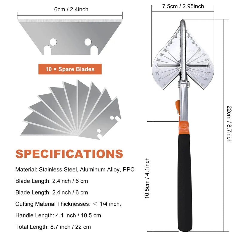  [AUSTRALIA] - Zhushan Multifunctional Shears Hand Tools ,Multi Angle Miter Shear Cutter with10 Replacement Blades 45-135 Degree Adjustable Angle Trim Tools for Cutting Chamfer,Soft Wood and Plastic PVC