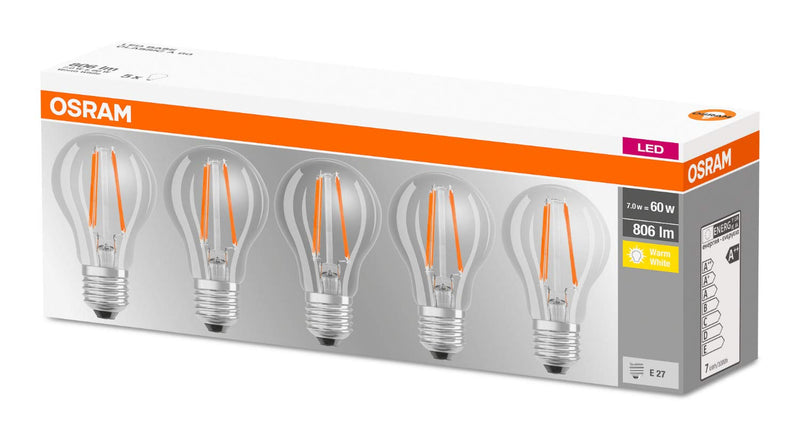  [AUSTRALIA] - Osram LED Base Classic A lamp, base: E27, warm white, 2700 K, 7 W, replacement for 60 W light bulb, clear, pack of 5