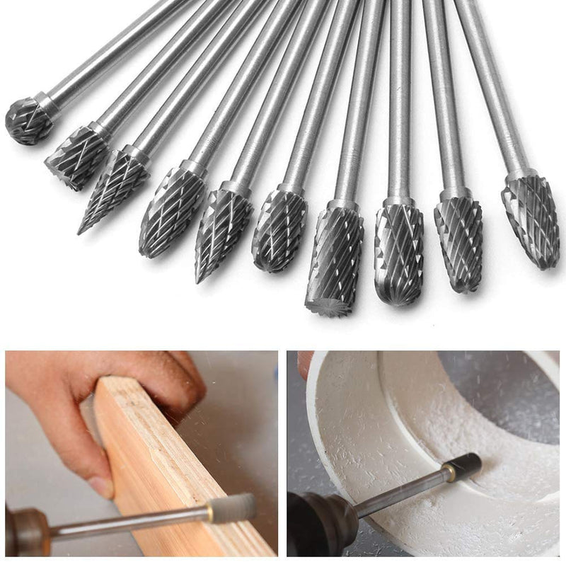 Bestgle 10pcs 3 mm (1/8 Inch) Shank Tungsten Carbide Double Cut Rotary Burr Die Grinder Bits Rotary Files Carving Grinding Bit Fits for Dremel Rotary Tool Long Shank 100mm - LeoForward Australia