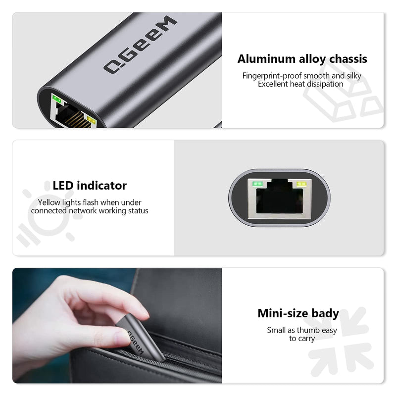  [AUSTRALIA] - USB C to Ethernet Adapter, QGeeM Gigabit Ethernet to USB C, Thunderbolt 3 to Ethernet to RJ45 LAN Network Adapter, USB Network Adapter Compatible with MacBook Pro/Air, iPad Pro, Dell XPS and More