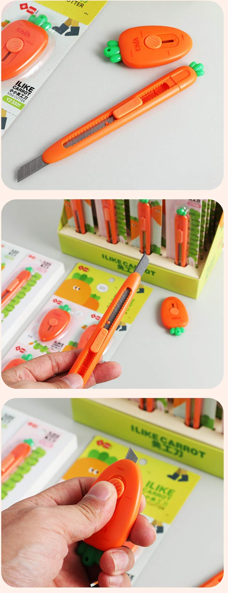 [AUSTRALIA] - Chris.W Set of 4 Mini Retractable Utility Knife Box Cutter Letter Opener, Cute Carrot and Strawberry Shaped Portable Knivies