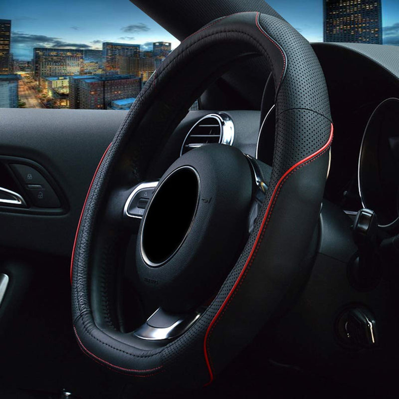  [AUSTRALIA] - Flat Bottom Steering Wheel Cover - Genuine Leather Black Red Line D Shaped Sport D Cut for Women Men Universal 15 inch Breathable Massage Better Grip 106D Red Black with red line