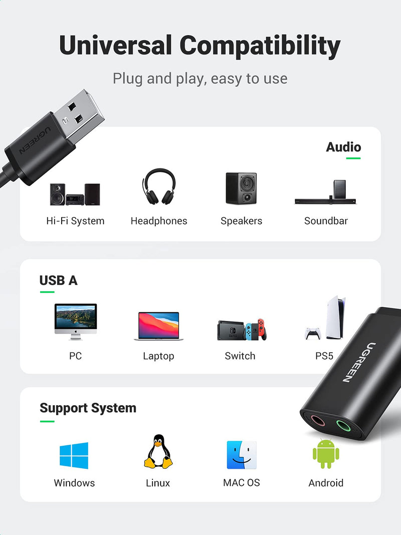  [AUSTRALIA] - UGREEN USB to Audio Jack Sound Card Adapter with Dual TRS 3-Pole 3.5mm Headphone and Microphone USB to Aux 3.5mm External Audio Converter for Windows Mac Linux PC Laptops Desktops PS5 Headsets, Black