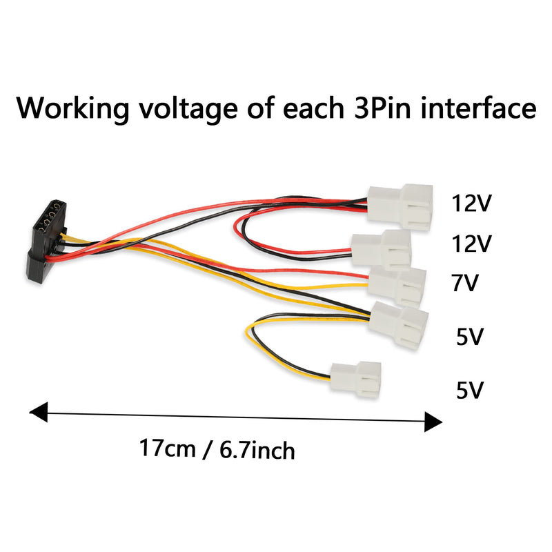  [AUSTRALIA] - PNGKNYOCN 4-Pin Molex Pass-Through to 5 x 3 Pin Fan Connector Cable (Power 5 Fans from 1 Molex Connection!)2X12V / 1X7V / 2X5V for CPU PC Case Fan