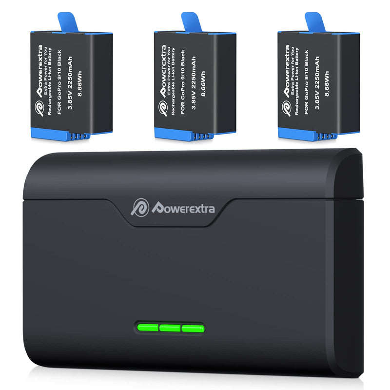  [AUSTRALIA] - Powerextra Hero 10/9 Battery 2250mAh(3xPack) and 3-Channel Fast Charger with Type-C Port Support TF Card Storage Fully Compatible with GoPro Hero 10 GoPro Hero 9