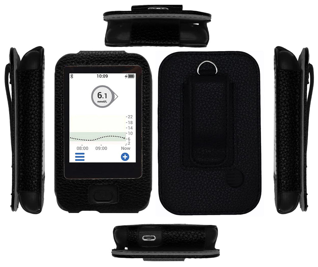  [AUSTRALIA] - Premium Fitted Leather Case with Screen Protector, Belt Clip,Carabiner (Including a Neck Lanyard) for Dexcom G6 Mobile CGM Receiver (Black) Black