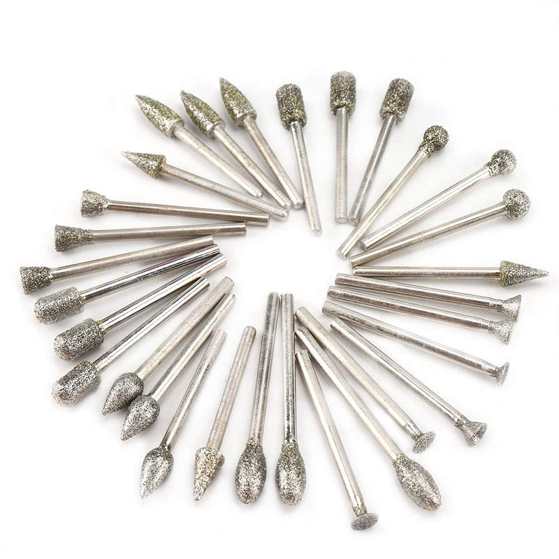 30Pcs Diamond Grinding Burr Drill Bit Mix Set with 1/8-inch Shank 10 Style Grit 60 Diamond Coated Grinding Head For Rotary Tools Stone Carving Accessories Bit Universal Fitment - LeoForward Australia