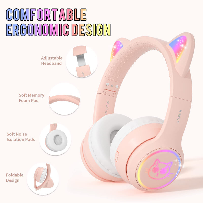  [AUSTRALIA] - Cat Ear Headphones for Children IFECCO Cute Bluetooth Wireless Headset On-Ear with Led Light Up for Kids Girls Boys School Travel (Pink) Pink