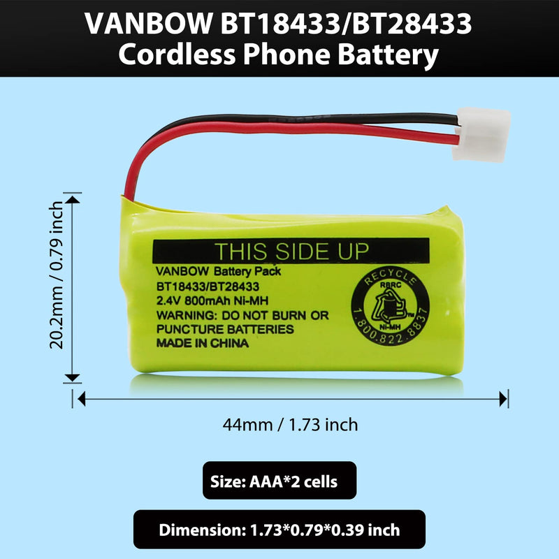  [AUSTRALIA] - VANBOW BT18433/BT28433 2.4V 800mAh Ni-MH Cordless Phone Battery, Also Compatible with AT&T BT184342/BT284342 BT8300 BT1011 BT1018 BT1022 BT1031 2SN-AAA55H-S-J1 CS6120 CS6209 CL80109 EL52419 (Pack 4)