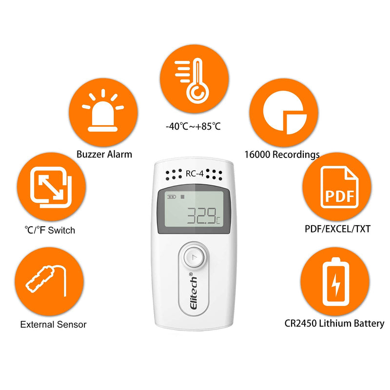  [AUSTRALIA] - Elitech RC-4 Temperature Data Logger Recorder with External Temperature Sensor, LCD Displays Temperature Data Logger 16000 Data Capacity RC-4 (White)