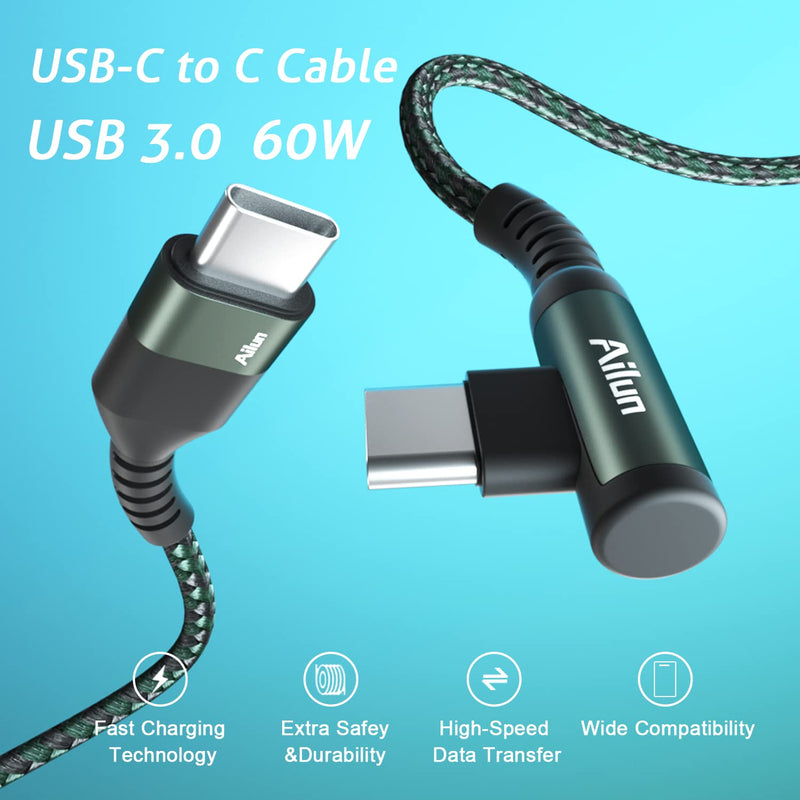  [AUSTRALIA] - Ailun USB C Cable Right Angle 90 Degree Elbow USB C to C 60W PD Fast Charge Nylon Braided 3Pack [3ft+6ft+6ft] Compatible with Galaxy S22 S21 S20 S10 Note 20 10 Google Pixel 4 3 iPad Pro MacBook Switch