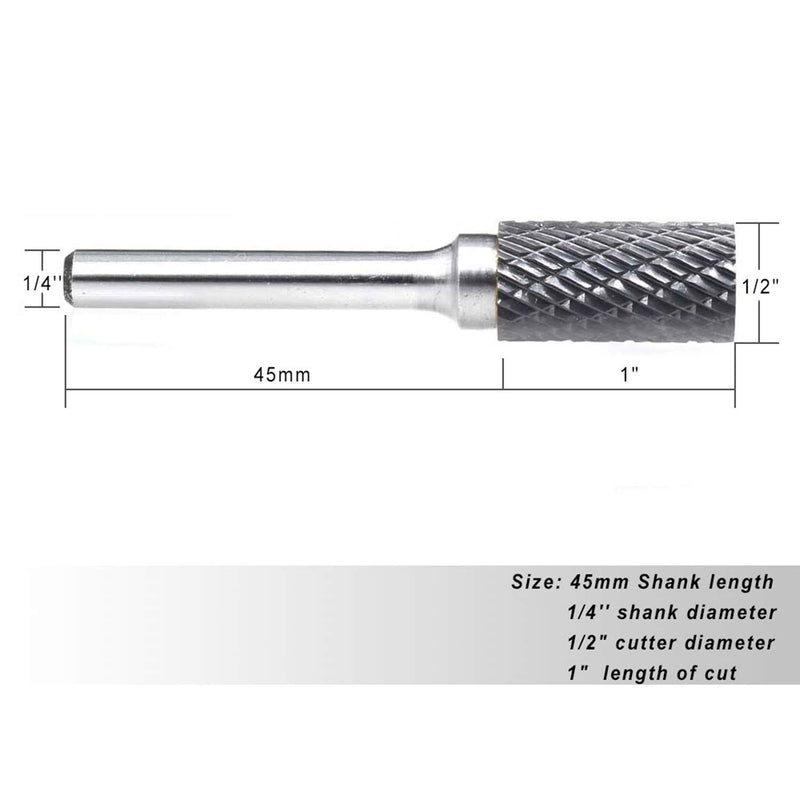 YUFUTOL SA-5 Tungsten Carbide Burr Cylinder Shape Double Cut Rotary Burr File(1/2” cutter Dia X 1”Cutter Length) with 1/4'' Shank dia,Pack of 1 - LeoForward Australia
