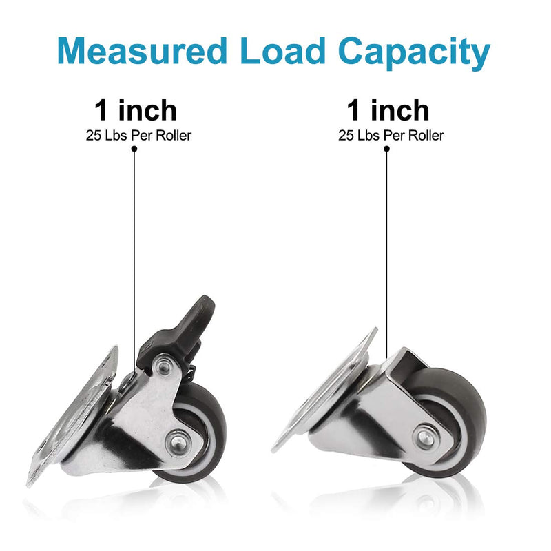  [AUSTRALIA] - Luomorgo 4 Pack 1" Caster Wheels Rubber Swivel Heavy Duty Casters with 360 Degree Top Plate, 100 lbs Total Capacity Caster for Set of 4 (2 with Brakes & 2 without)