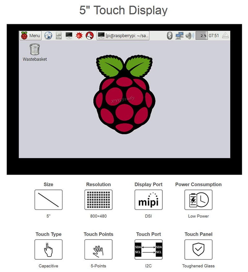  [AUSTRALIA] - 5 inch Raspberry Pi LCD Capacitive Touch Display Screen 800×480 5inch LCD DSI Interface for Raspberry Pi 4 3 2 Model B B+ A+ Raspbian Retropie Ubuntu Kali WIN10 IoT Driver Free @XYGStudy