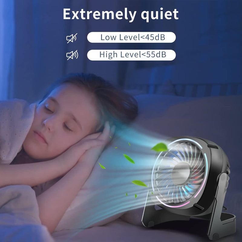  [AUSTRALIA] - Punoge Small USB Desk Fan - 5.3 Inch Portable Table Fan with 3 Levels Air Flow, 8 Color LED Lights, 360° Rotation, Quiet Mini Personal Fan for Home Office Desktop