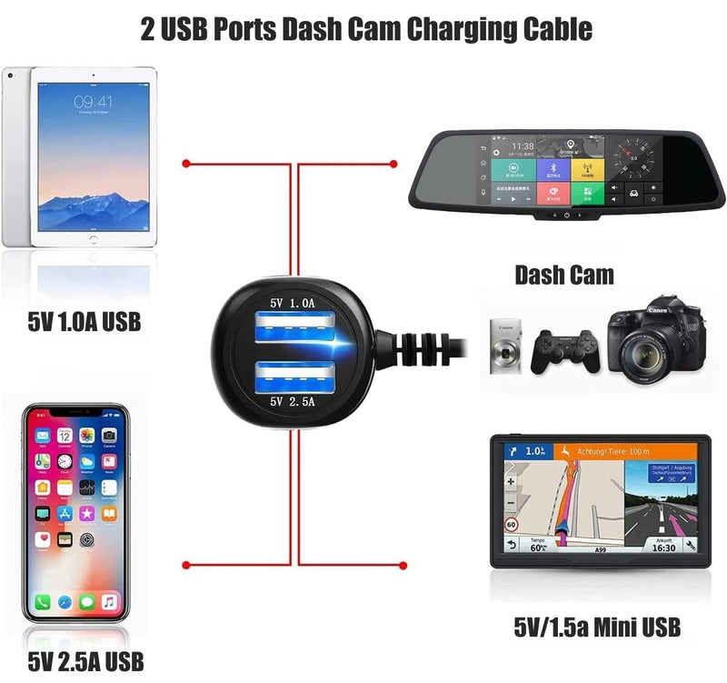  [AUSTRALIA] - Peojek Dash Cam Charger Cable, GPS Navigator Charger Cable for Mini USB Port, 2 USB Ports, Mini USB Right Port Dash Charge Cable for 12V Car and 24V Truck Power Adapter Cable (Right-90 Degree Port) Right-90 Degree Port