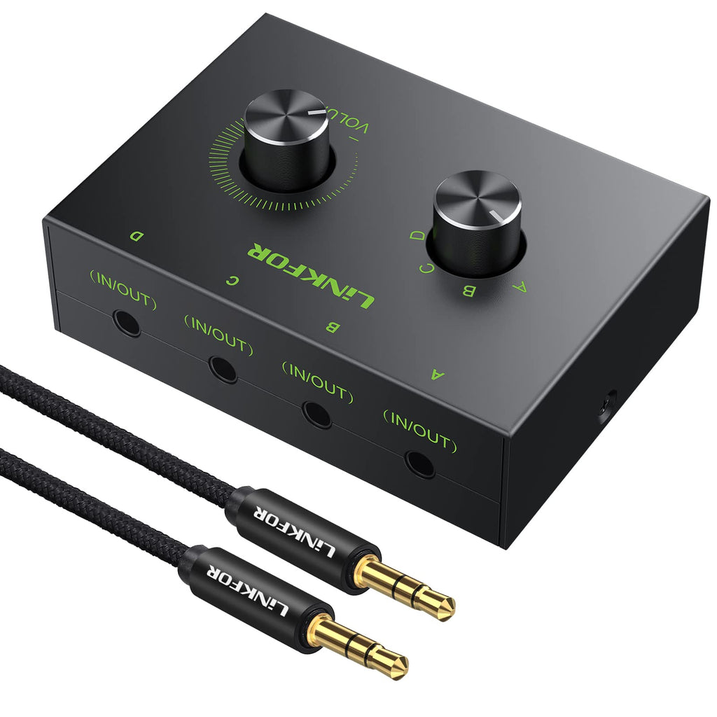  [AUSTRALIA] - 3.5mm Audio Switcher, LiNKFOR 4 Port 3.5mm Stereo Audio Switch, 4 Way Stereo Audio Selector, 4 Input 1 Output / 1 Input 4 Output Audio Splitter with Volume Control and 4 Channel Switch Knob 4 Ports