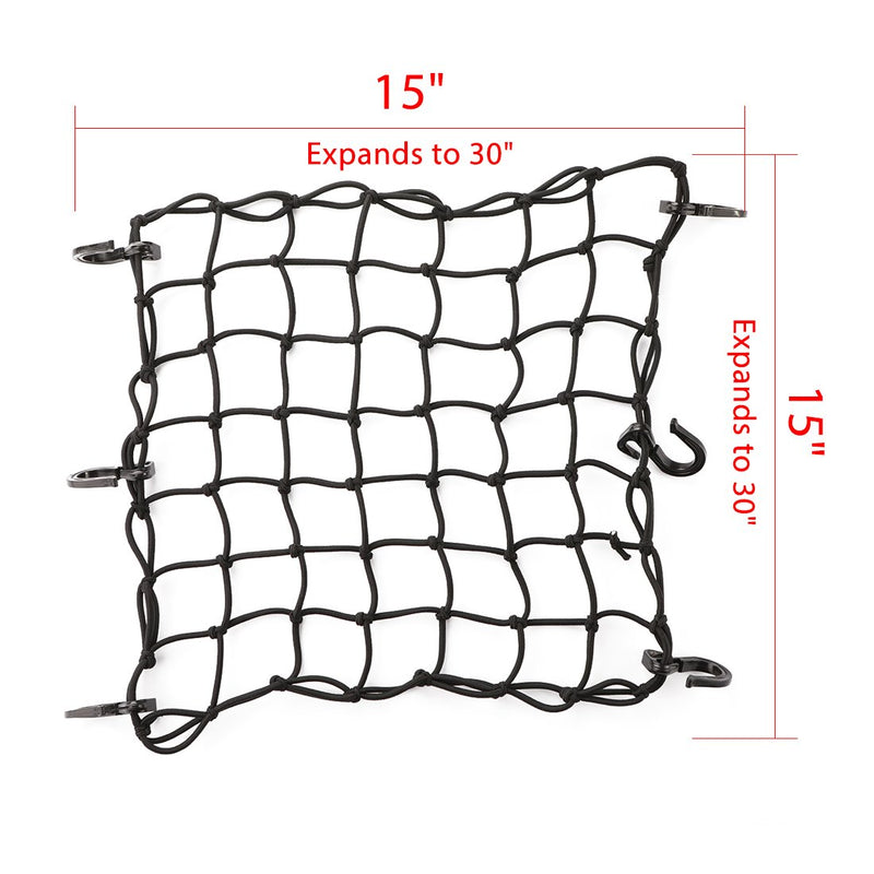  [AUSTRALIA] - CZC AUTO 15"x15" Black Latex Bungee Cargo Net Strech to 30"x30", Gear Helmet Luggage Netting with 2"X2" Small Mesh and 6 Adjustable Plastic Hooks, for Motorcycle Bike Paddleboard Quad Canoe Moped ATV 1