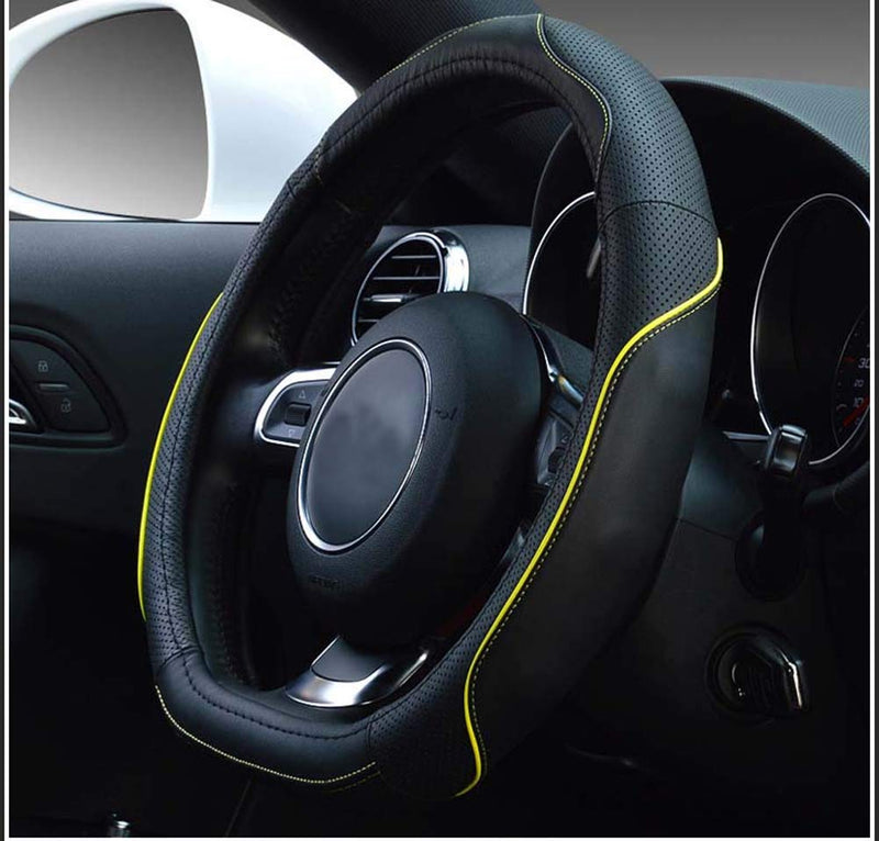  [AUSTRALIA] - Amuahua D-Shaped Genuine leather Car Steering Wheel Cover Universal 15 inch/38CM Breathable for Auto/Truck/SUV/Van (black yellow Line) black yellow Line