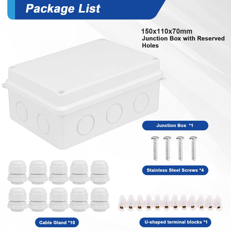  [AUSTRALIA] - Junction box waterproof IP65, junction box surface-mounted, distribution box, outdoor distribution box, electrical project boxes, ABS cable junction box for electrical junction box control 150 x 110 x 70 mm 150 x 110 x 70 mm M20 plug