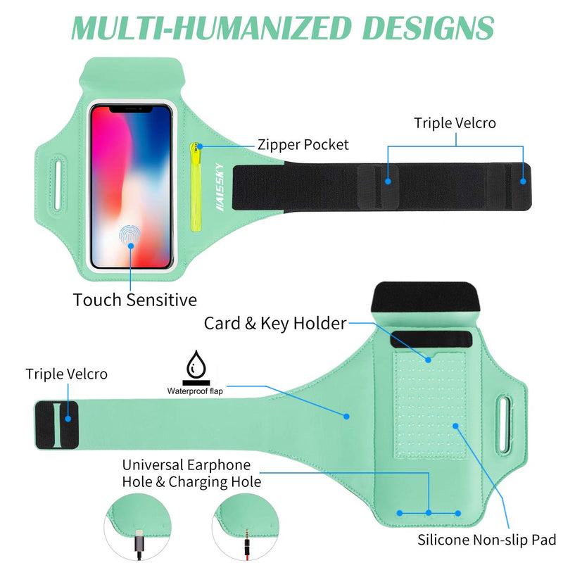 Cell Phone Armband with Zipper Pocket for Car Key Running Armband for iPhone 11 Pro Max/XR 8 Plus/7 Plus, Galaxy S20+/S10/S9, Sweat Resistant Sports Armband Airpods Bag, Up to 6.7 in Phone for Sports Mint Green (Up to 6.7'') - LeoForward Australia