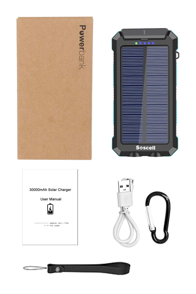 Solar Power Bank 30000mAh, Suscell Portable Solar Phone Charger with 2 Output Ports, Flashlight, IPX4 Splashproof and Shockproof for Outdoor Activities, Compatible with Smartphones and Other Devices Blue-30,000mAh - LeoForward Australia