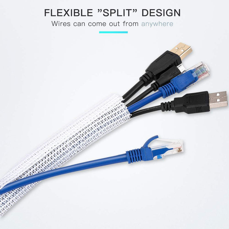  [AUSTRALIA] - 6.6ft - 2/3 inch White Cable Sleeve Cover, AGPTEK Cord Protector Management Wire Loom Tubing Cable Sleeve Split Sleeving for Desk PC TV Computer Cable Protect Cat from Chewing Cord, White 6.6ft - 2/3''