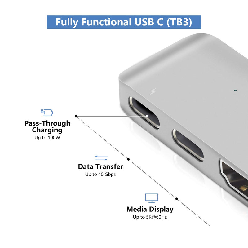 Purgo Mini USB C Hub Adapter Dongle for MacBook Air M1 2021-2018 and MacBook Pro M1 2021-2016, MacBook Pro USB Adapter with 4K HDMI, 100W PD, 40Gbps TB3 5K@60Hz, USB-C and 2 USB 3.0 (Silver) Silver - LeoForward Australia