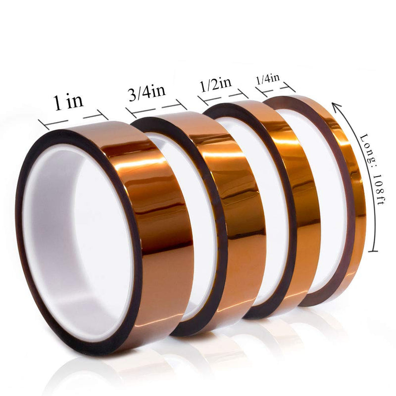  [AUSTRALIA] - MYJOR High Temperature Kapton Tape, Professional for Protecting CPU, PCB Circuit Board… 1/4", 1/2", 3/4", 1" - 108ft, 4 Rolls