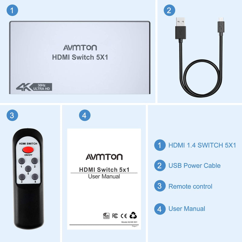  [AUSTRALIA] - AVMTON HDMI Switch 5 in 1 Out 4k HDMI Splitter Switcher with Remote 5 Port HDMI Switch Box Support 4K@30Hz 3D 1080P HDCP1.4 for PS5 PS4 Xbox DVD TV