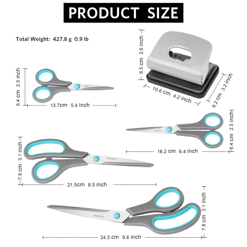  [AUSTRALIA] - Asdirne Scissors Set, Premium Stainless Steel Blades, Ergonomic Semi-Soft Rubber Grip, Great for Craft, Office, School and Daily Use, Include 5.4"/6.4"/8.5"/9.6"Scissors and 4.2"Hole Punch, Blue&Gray