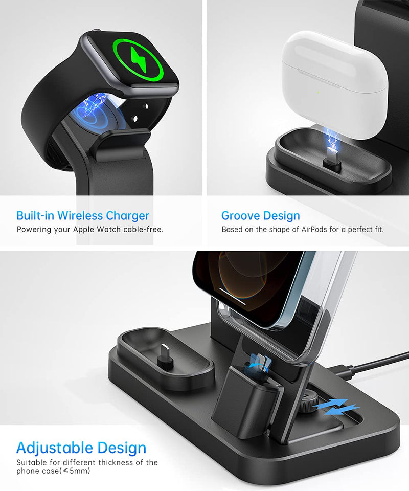  [AUSTRALIA] - Tinetton 3 in 1 Charging Station Compatible with Apple Watch iPhone AirPods with 10W Adapter Black