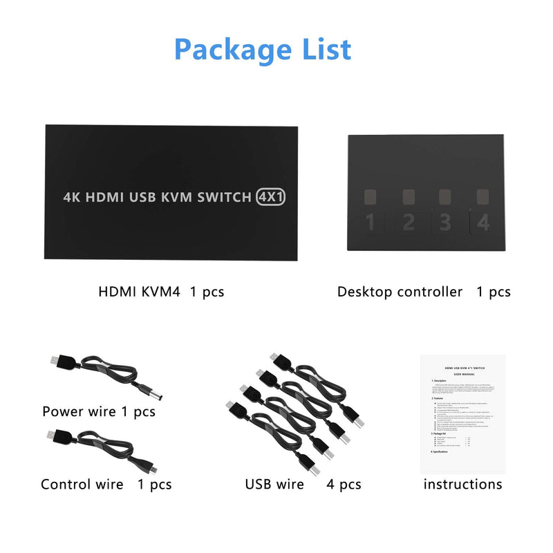  [AUSTRALIA] - KVM Switch HDMI 4 Port Box,4 in 1 Out KVM Switch 4 Computers Share Keyboard Mouse Printer Monitor Support HUD 4K@60Hz for Laptop,PC,Xbox HDTV, with 4* USB Cable,1* Switch Button&Cable,1* Power Cable
