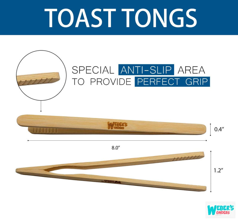  [AUSTRALIA] - Set Of 2 Reusable Bamboo Toast Tongs - Wooden Toaster Tongs For Cooking & Holding - 8 Inch Long - Ideal Kitchen Utensil For Cheese Bacon Muffin Fruits Bread - Ultra Grip - Eco-friendly