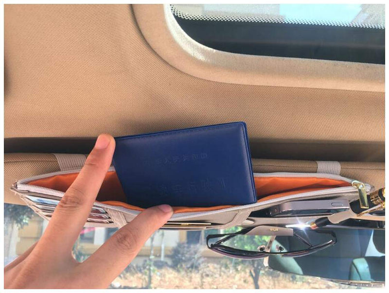  [AUSTRALIA] - Itenqi Car Sun Visor Organizer, Auto Interior Accessories Sunglass Pen CD Card Slots Small Document Phone Storage Pouch Holder, PU Leather, Multi-Pocket with Zipper Gray
