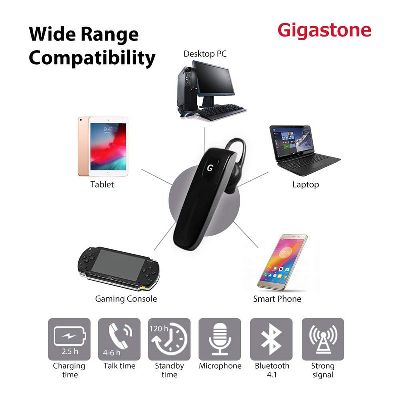  [AUSTRALIA] - Gigastone D1 Bluetooth Earpiece, Wireless Handsfree Headset with Microphone, 6-8 Hrs Driving Single Ear Bluetooth Headset, Noise Canceling Mic, Compatible with iPhone Android