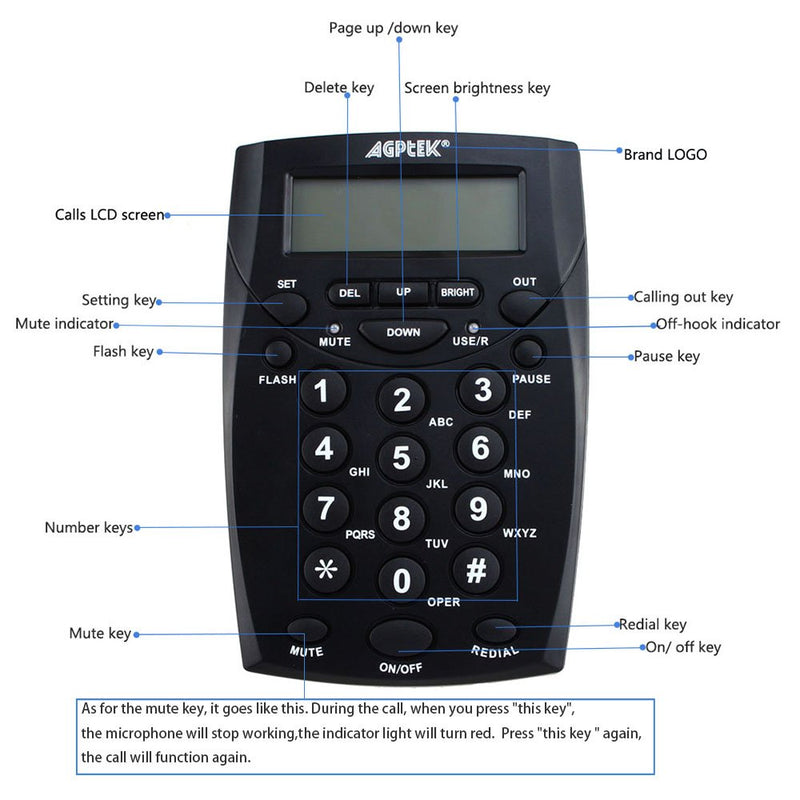 AGPtek Call Center Dialpad Headset Telephone with Tone Dial Key Pad & REDIAL Black - LeoForward Australia