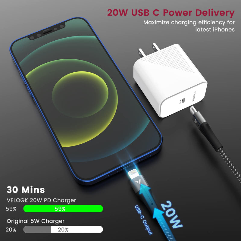  [AUSTRALIA] - iPhone 13 14 12 Fast Charger Kit, VELOGK 20W USB C PD Wall/Car Charger Adapter for iPhone 14/13/12/Pro/Max/Mini/11/Xs Max/XR/X, iPad Pro/Air, with 2X【Apple MFi Certified】iPhone Lightning Cables(6.6ft) 6.6ft + 6.6ft