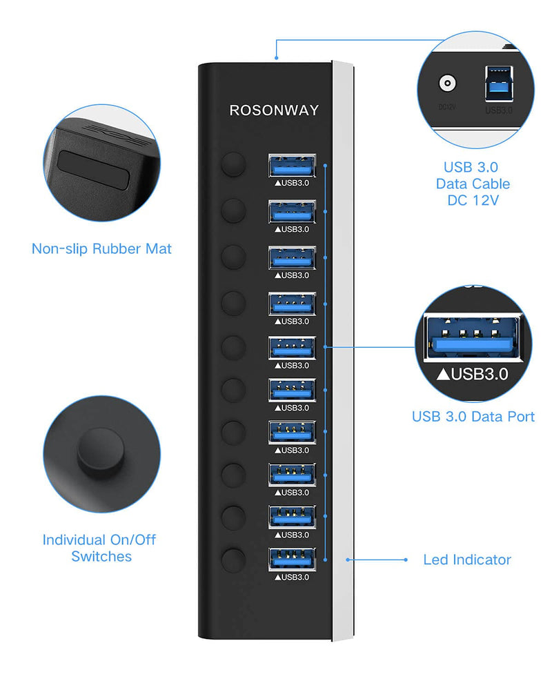 Powered USB Hub, Rosonway Aluminum 10 Port USB 3.0 Data Hub with 36W (12V/3A) Power Adapter and Individual On/Off Switches USB Splitter(RSH-A10) - LeoForward Australia