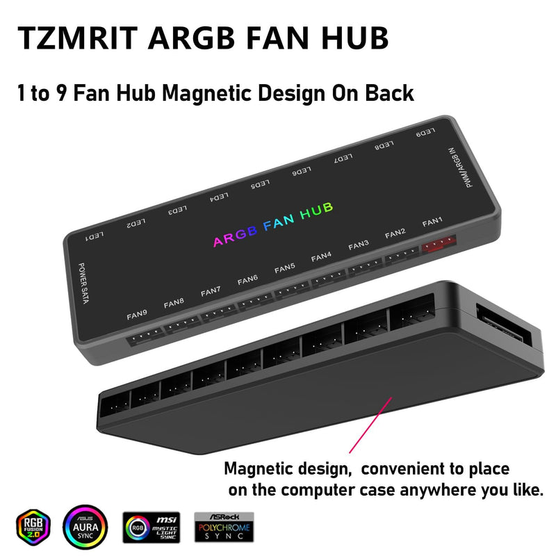  [AUSTRALIA] - ARGB PWM Fan Hub, Addressable 5V 3Pin ARGB & 12V 4Pin PWM 2-in-1 RGB Case Fan Hub with Hidden Magnetic Base and SATA Power 18 Port, Support 9 Computer CPU Fans Splitter