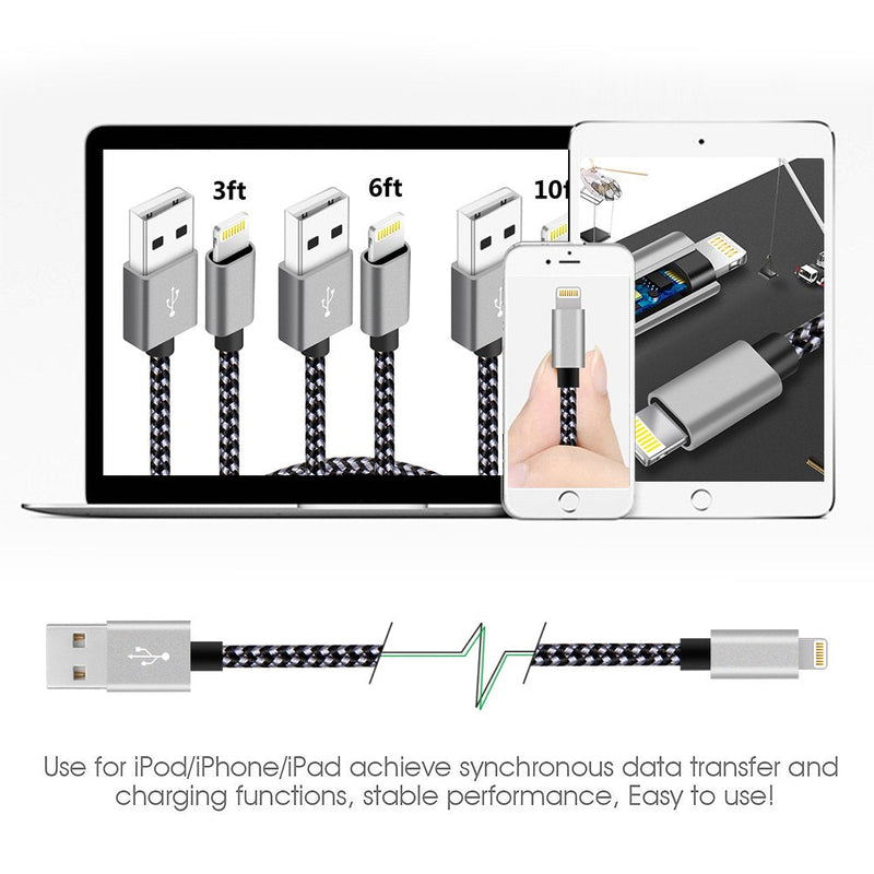  [AUSTRALIA] - 4Pack(3ft 6ft 6ft 10ft) iPhone Lightning Cable Apple Certified Braided Nylon Fast Charger Cable Compatible iPhone Max XS XR 8 Plus 7 Plus 6s 5s 5c Air iPad Mini iPod (Black+Gray) Black+Gray