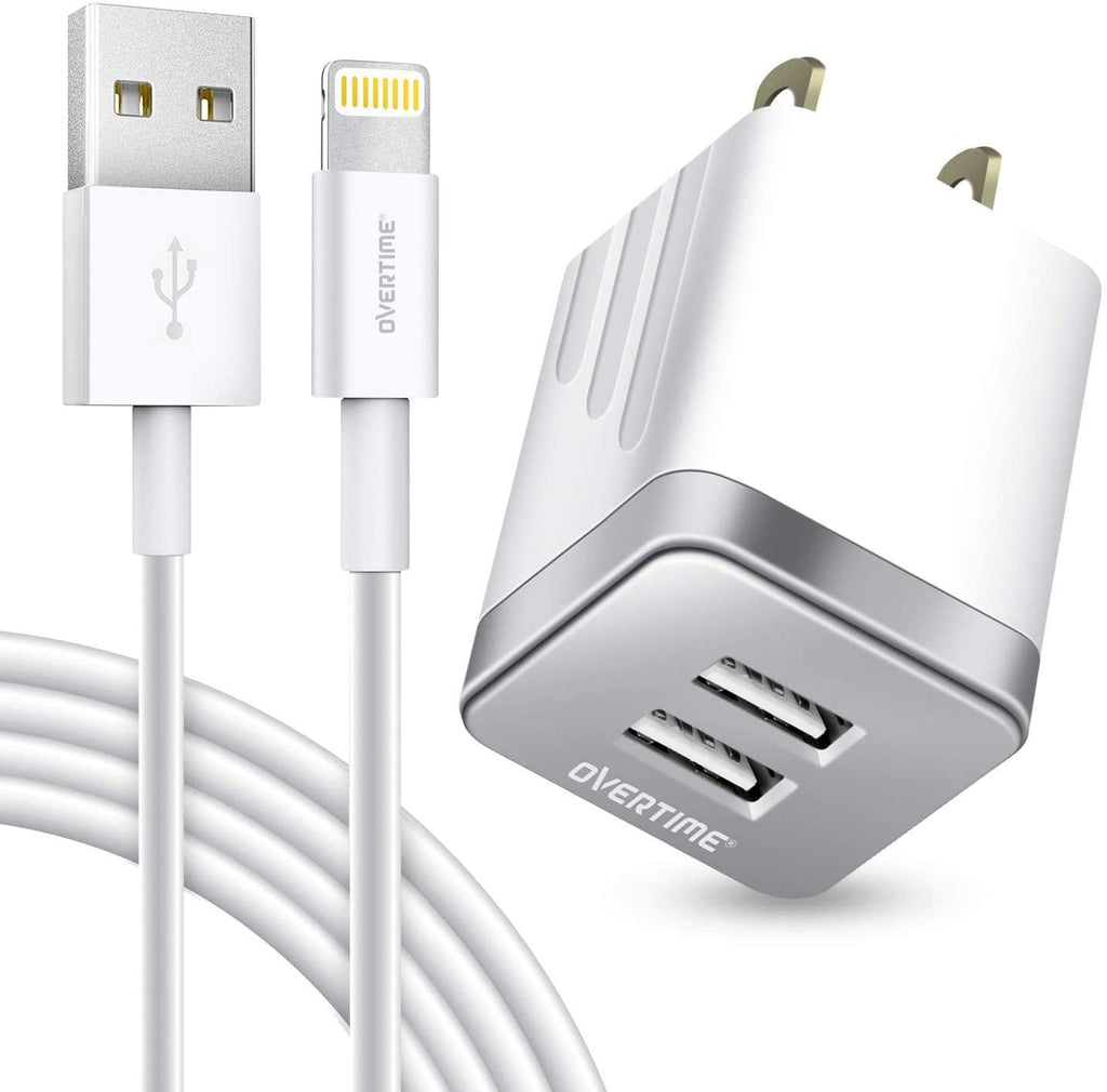  [AUSTRALIA] - iPhone Charger Set, Overtime Apple MFi Certified Lightning Cable with Dual USB Wall Adapter 2.4 AMP Compatible w/iPhone 11 Pro Max XS XR X 8 7 6S 6 Plus SE AirPods iPad (Silver/White, 4ft) Silver/White